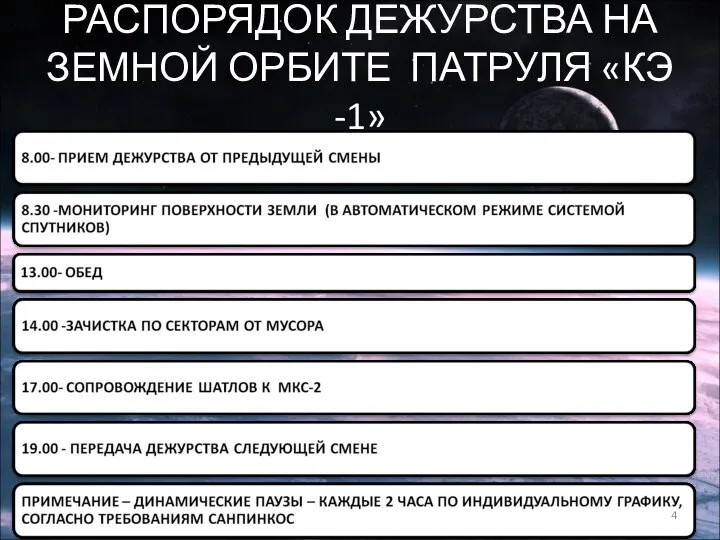 РАСПОРЯДОК ДЕЖУРСТВА НА ЗЕМНОЙ ОРБИТЕ ПАТРУЛЯ «КЭ -1»