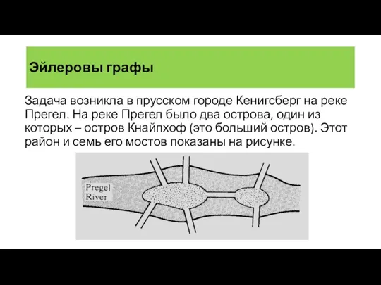 Эйлеровы графы Задача возникла в прусском городе Кенигсберг на реке Прегел.