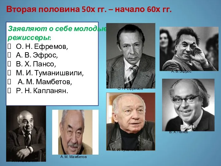 Заявляют о себе молодые режиссеры: О. Н. Ефремов, А. В. Эфрос,