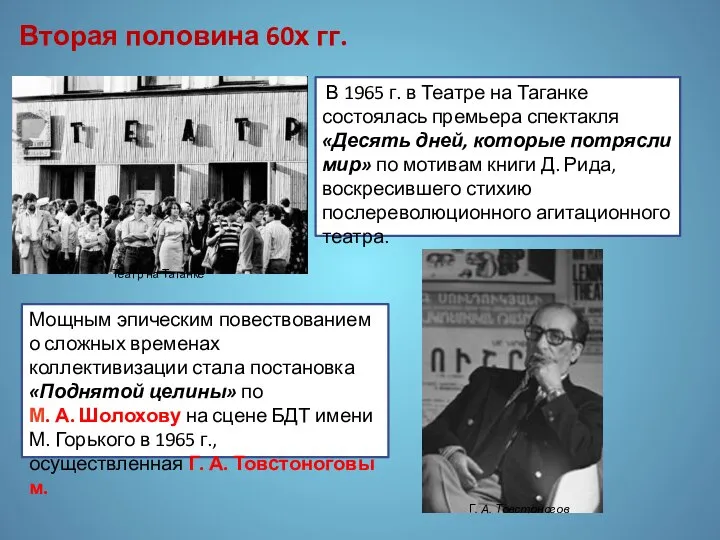 В 1965 г. в Театре на Таганке состоялась премьера спектакля «Десять