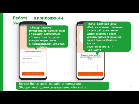 Работа в приложении Shopper 1.Вводим номер телефона, прикрепленный к аккаунту. 2.Нажимаем