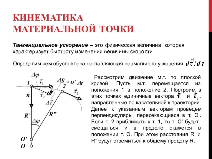 КИНЕМАТИКА МАТЕРИАЛЬНОЙ ТОЧКИ Тангенциальное ускорение – это физическая величина, которая характеризует