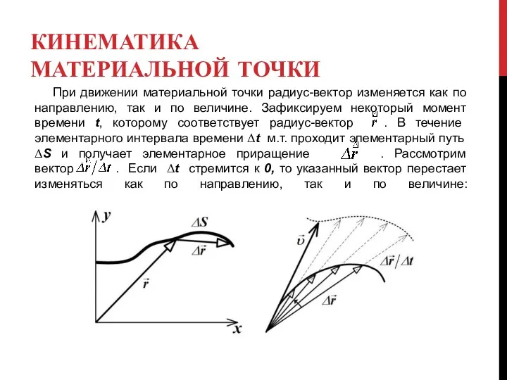 КИНЕМАТИКА МАТЕРИАЛЬНОЙ ТОЧКИ При движении материальной точки радиус-вектор изменяется как по