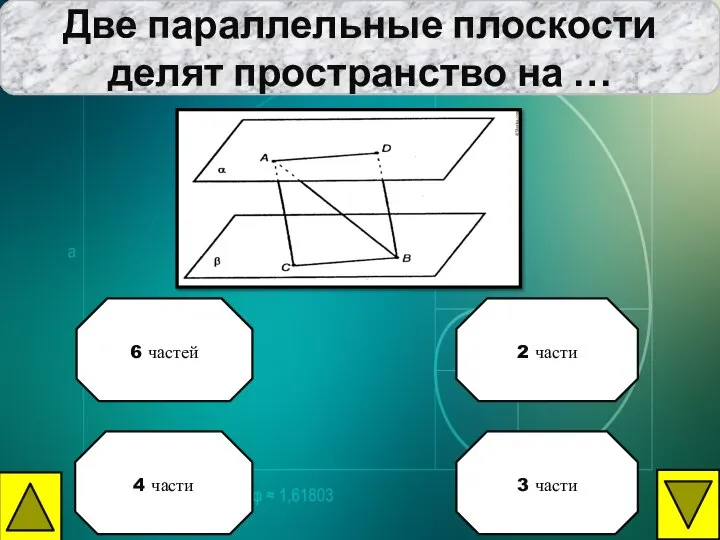 Две параллельные плоскости делят пространство на … 2 части 6 частей 4 части 3 части