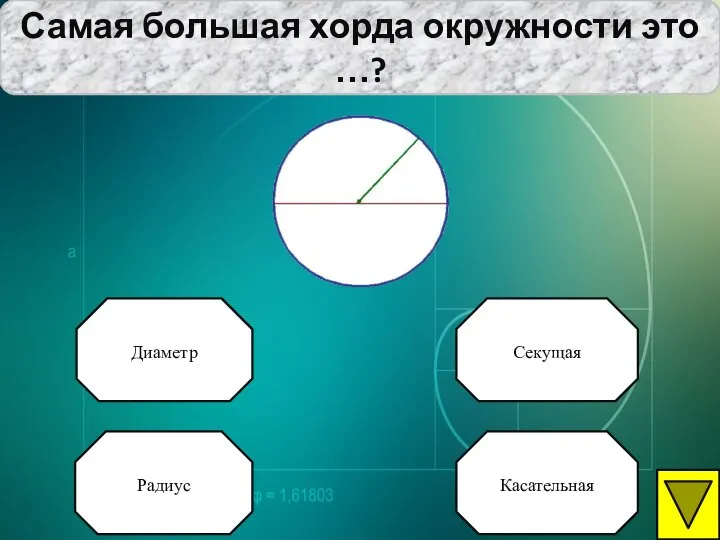 Самая большая хорда окружности это …? Секущая Диаметр Радиус Касательная