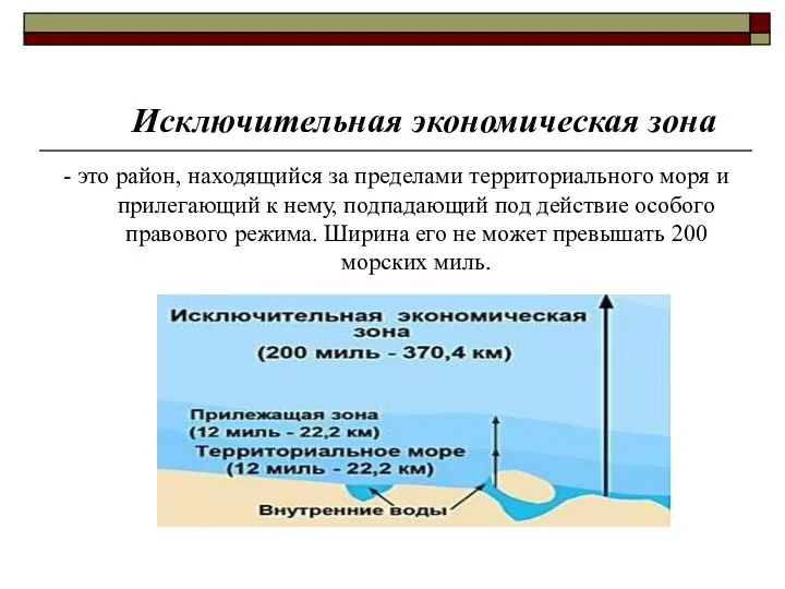 Исключительная экономическая зона - это район, находящийся за пределами территориального моря