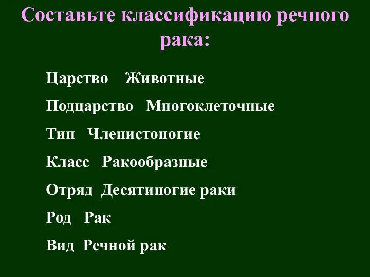 Составьте классификацию речного рака: Царство Животные Подцарство Многоклеточные Тип Членистоногие Класс