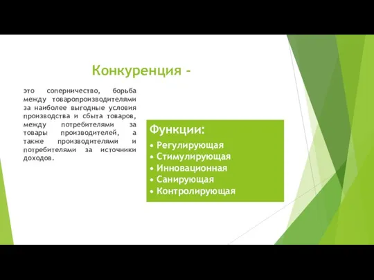 Конкуренция - это соперничество, борьба между товаропроизводителями за наиболее выгодные условия