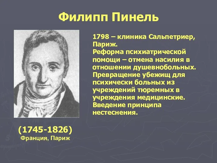 Филипп Пинель 1798 – клиника Сальпетриер, Париж. Реформа психиатрической помощи –