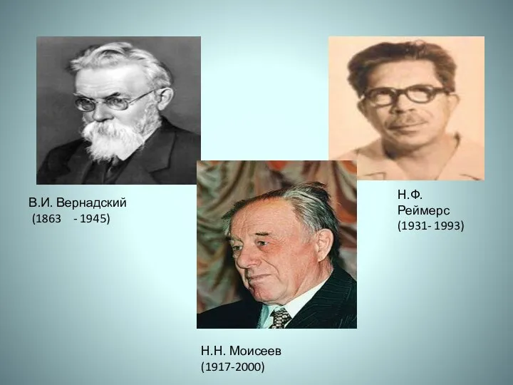 Н.Ф. Реймерс (1931- 1993) В.И. Вернадский (1863 - 1945) Н.Н. Моисеев (1917-2000)