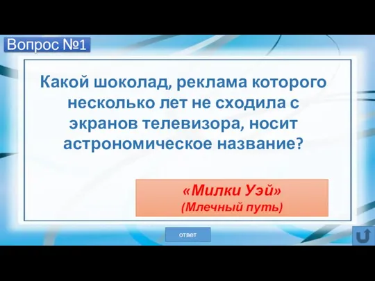 Вопрос №1 Какой шоколад, реклама которого несколько лет не сходила с