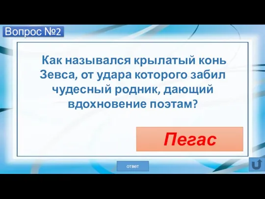 Вопрос №2 Как назывался крылатый конь Зевса, от удара которого забил