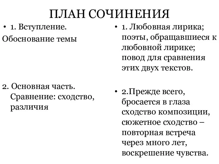 ПЛАН СОЧИНЕНИЯ 1. Вступление. Обоснование темы 2. Основная часть. Сравнение: сходство,