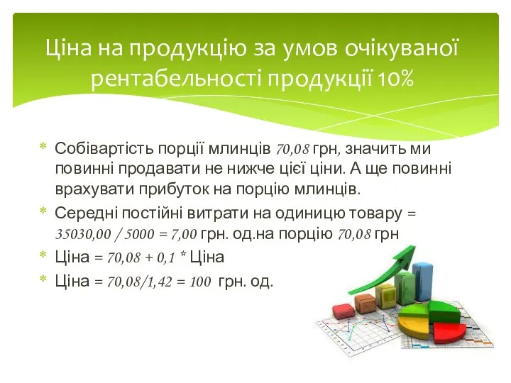 Собівартість порції млинців 70,08 грн, значить ми повинні продавати не нижче