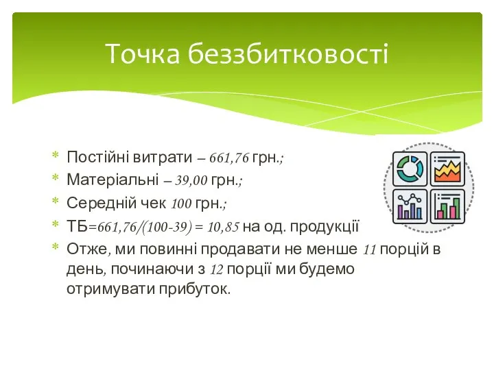 Постійні витрати – 661,76 грн.; Матеріальні – 39,00 грн.; Середній чек