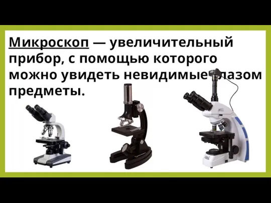 Микроскоп — увеличительный прибор, с помощью которого можно увидеть невидимые глазом предметы.