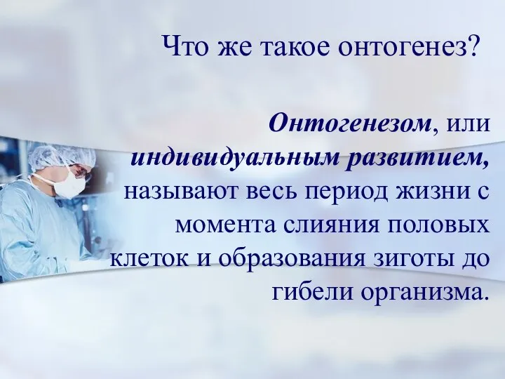 Что же такое онтогенез? Онтогенезом, или индивидуальным развитием, называют весь период