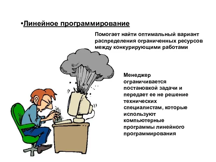 Линейное программирование Помогает найти оптимальный вариант распределения ограниченных ресурсов между конкурирующими