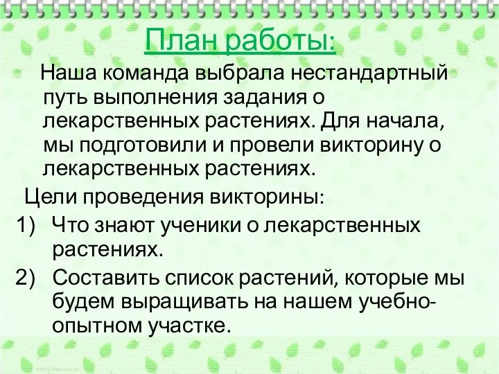 План работы: Наша команда выбрала нестандартный путь выполнения задания о лекарственных