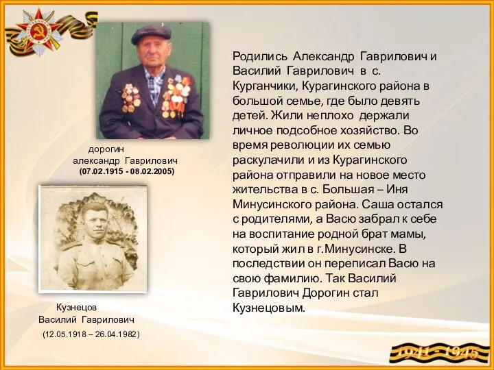 дорогин александр Гаврилович (07.02.1915 - 08.02.2005) Кузнецов Василий Гаврилович (12.05.1918 –