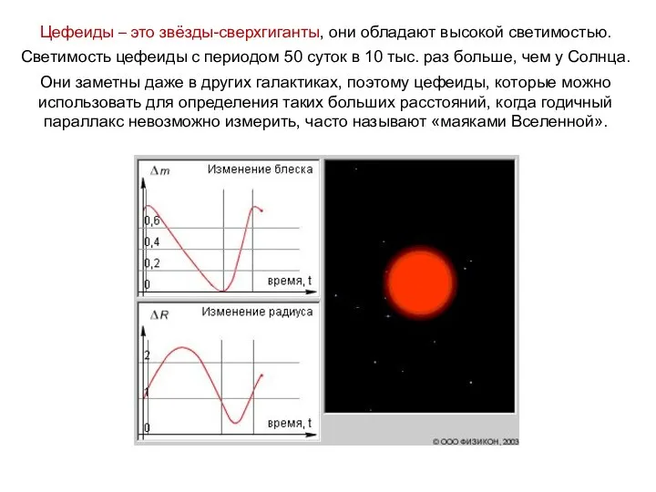 Цефеиды – это звёзды-сверхгиганты, они обладают высокой светимостью. Светимость цефеиды с