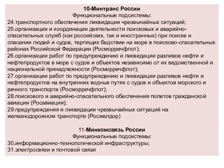 10-Минтранс России Функциональные подсистемы: 24.транспортного обеспечения ликвидации чрезвычайных ситуаций; 25.организации и