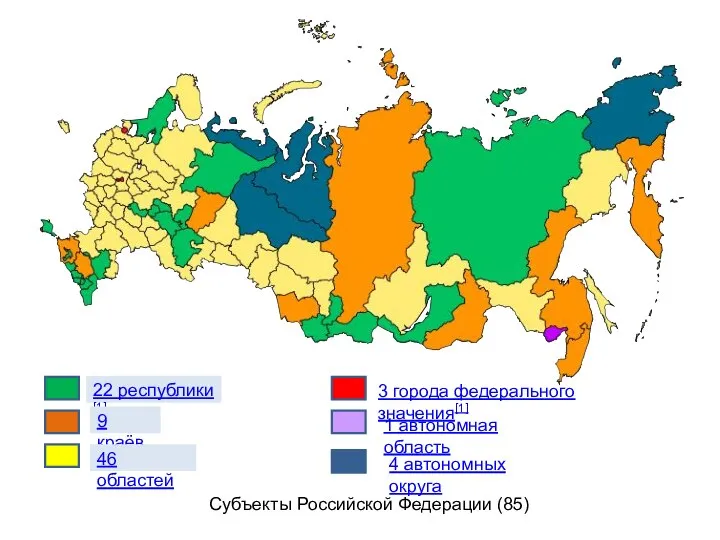 22 республики[1] 9 краёв 46 областей 3 города федерального значения[1] 1