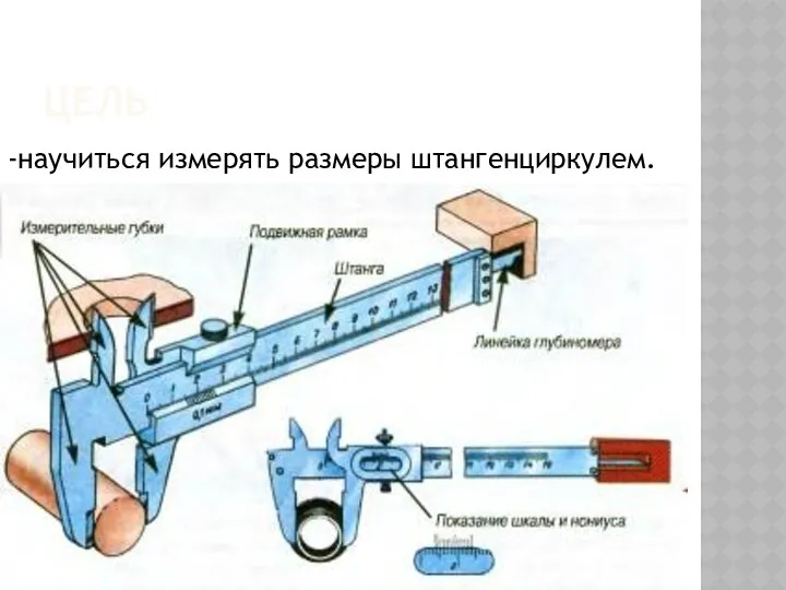 ЦЕЛЬ -научиться измерять размеры штангенциркулем.