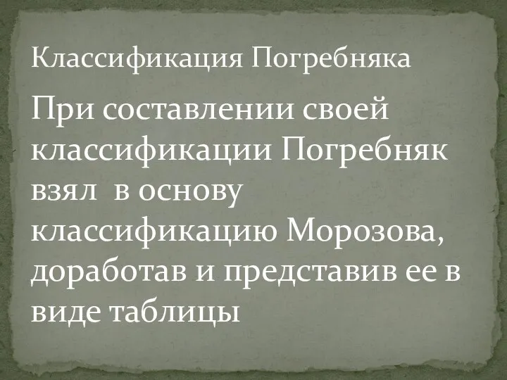 При составлении своей классификации Погребняк взял в основу классификацию Морозова, доработав