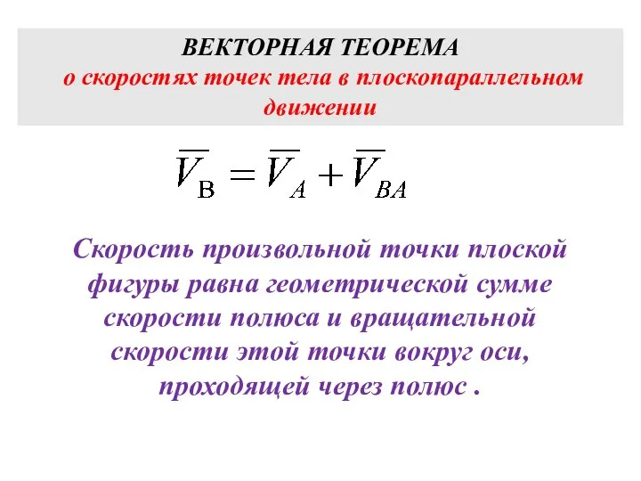 Скорость произвольной точки плоской фигуры равна геометрической сумме скорости полюса и