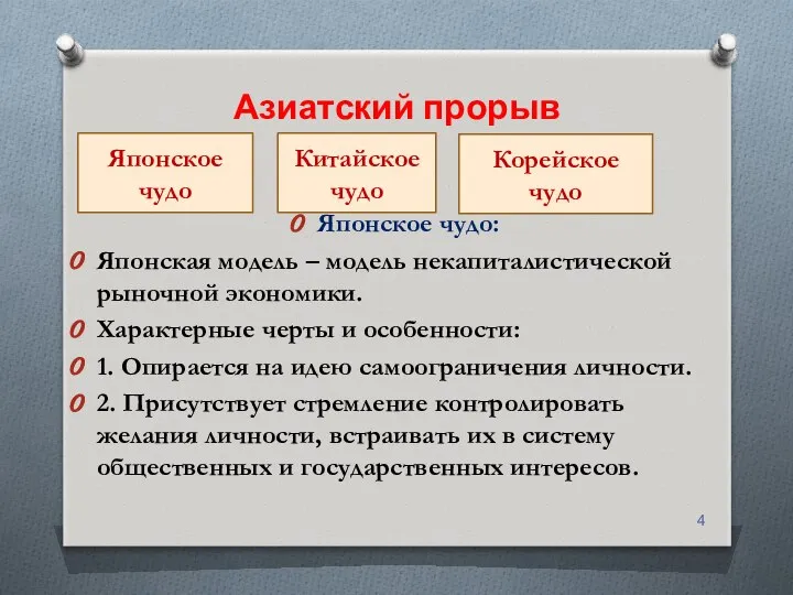 Азиатский прорыв Японское чудо: Японская модель – модель некапиталистической рыночной экономики.