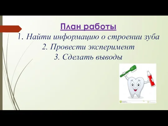 План работы 1. Найти информацию о строении зуба 2. Провести эксперимент 3. Сделать выводы