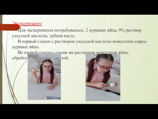 Эксперимент Для эксперимента потребовалось: 2 куриных яйца, 9% раствор уксусной кислоты,