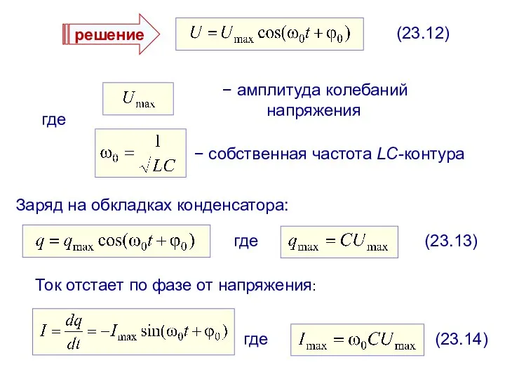 решение (23.12) где − амплитуда колебаний напряжения − собственная частота LC-контура