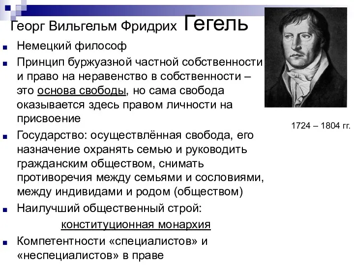 Георг Вильгельм Фридрих Гегель 1724 – 1804 гг. Немецкий философ Принцип