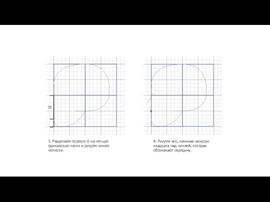 3. Разделяем отрезок D на четыре одинаковые части и рисуем линию