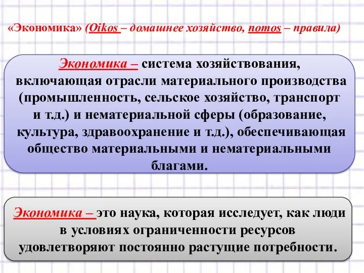 «Экономика» (Oikos – домашнее хозяйство, nomos – правила) Экономика – система