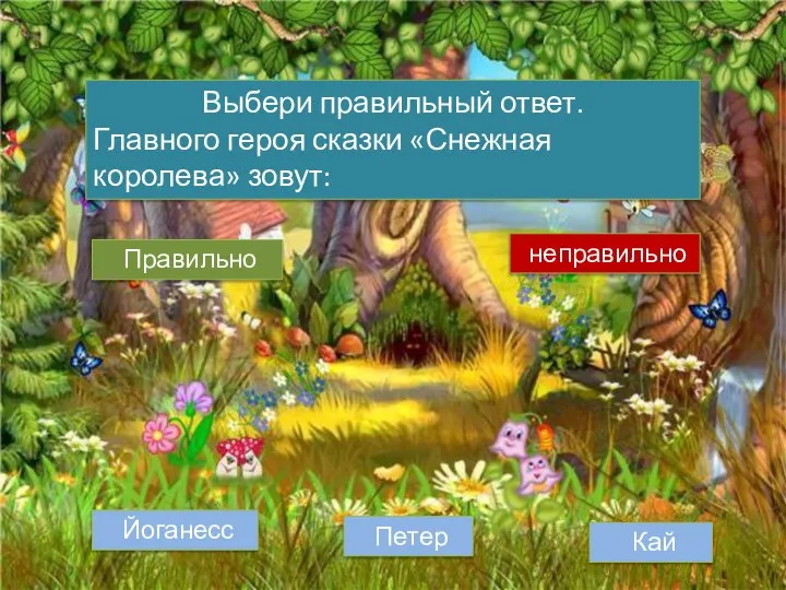 Правильно Выбери правильный ответ. Главного героя сказки «Снежная королева» зовут: неправильно Петер Йоганесс Кай