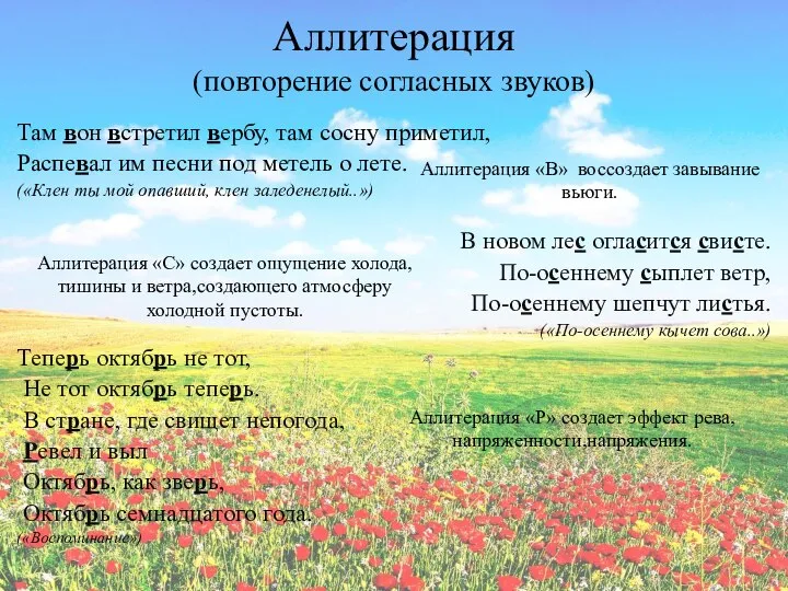 Аллитерация (повторение согласных звуков) Там вон встретил вербу, там сосну приметил,