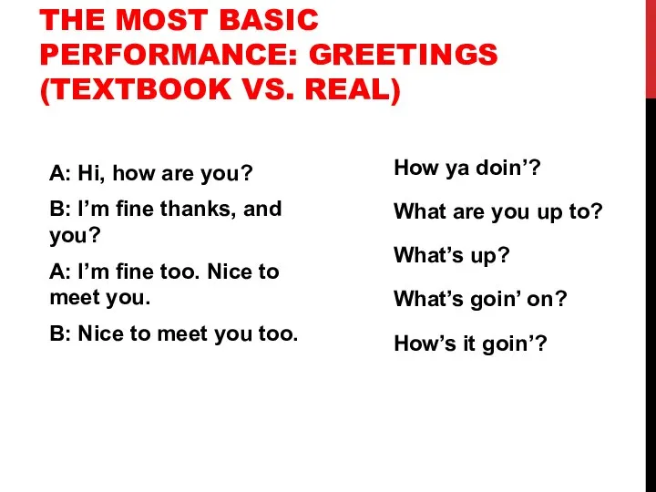THE MOST BASIC PERFORMANCE: GREETINGS (TEXTBOOK VS. REAL) How ya doin’?