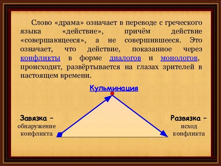 Слово «драма» означает в переводе с греческого языка «действие», причём действие