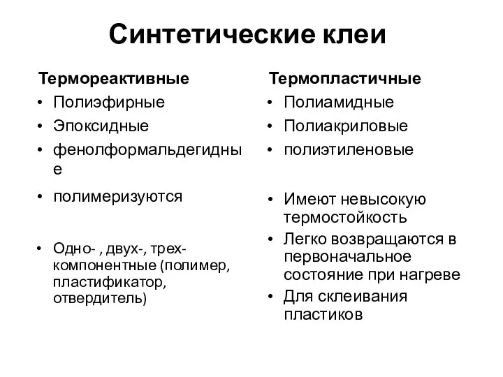 Синтетические клеи Термореактивные Полиэфирные Эпоксидные фенолформальдегидные Термопластичные Полиамидные Полиакриловые полиэтиленовые полимеризуются