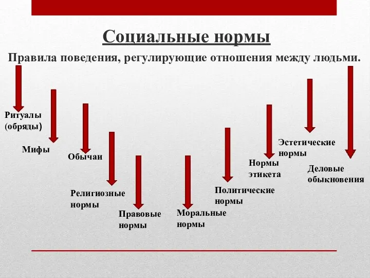 Социальные нормы Правила поведения, регулирующие отношения между людьми. Ритуалы (обряды) Мифы