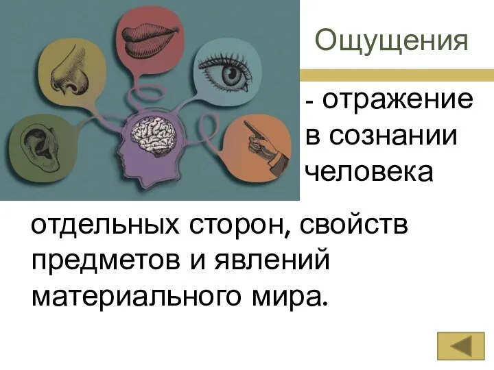 Ощущения - отражение в сознании человека отдельных сторон, свойств предметов и явлений материального мира.