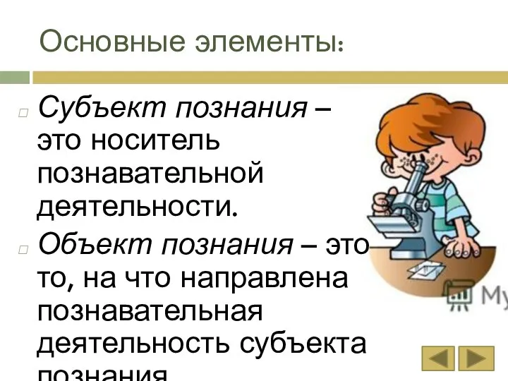 Основные элементы: Субъект познания – это носитель познавательной деятельности. Объект познания