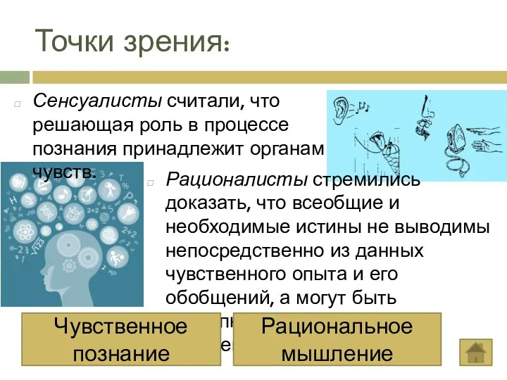 Точки зрения: Сенсуалисты считали, что решающая роль в процессе познания принадлежит