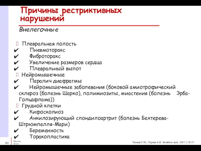 Причины рестриктивных нарушений Внелегочные Плевральная полость Пневмоторакс Фиброторакс Увеличение размеров сердца