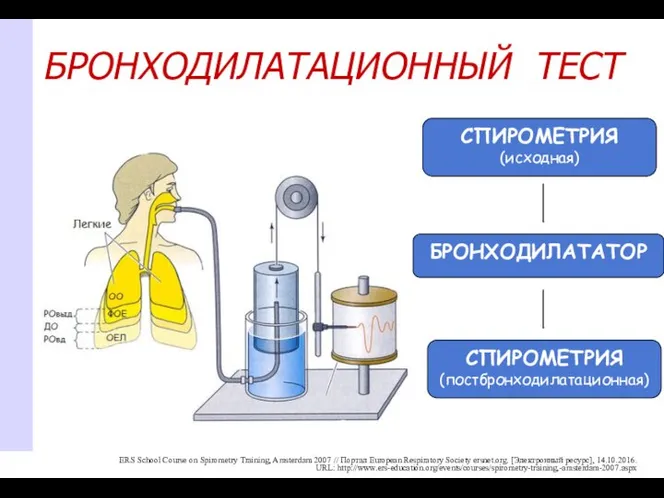 БРОНХОДИЛАТАЦИОННЫЙ ТЕСТ СПИРОМЕТРИЯ (исходная) БРОНХОДИЛАТАТОР СПИРОМЕТРИЯ (постбронходилатационная) ERS School Course on