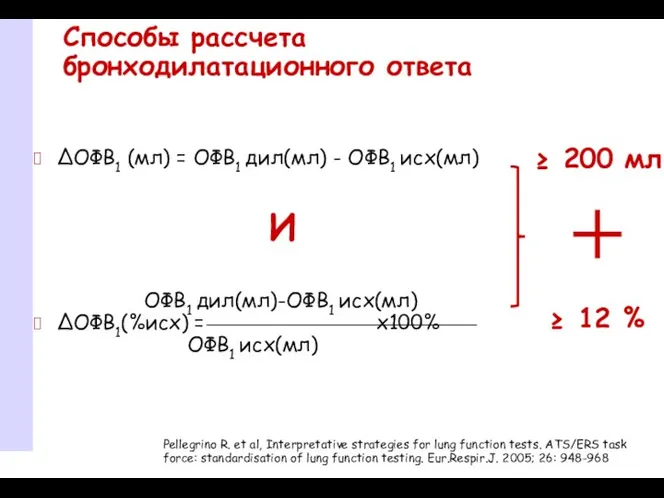 Способы рассчета бронходилатационного ответа ΔОФВ1 (мл) = ОФВ1 дил(мл) - ОФВ1