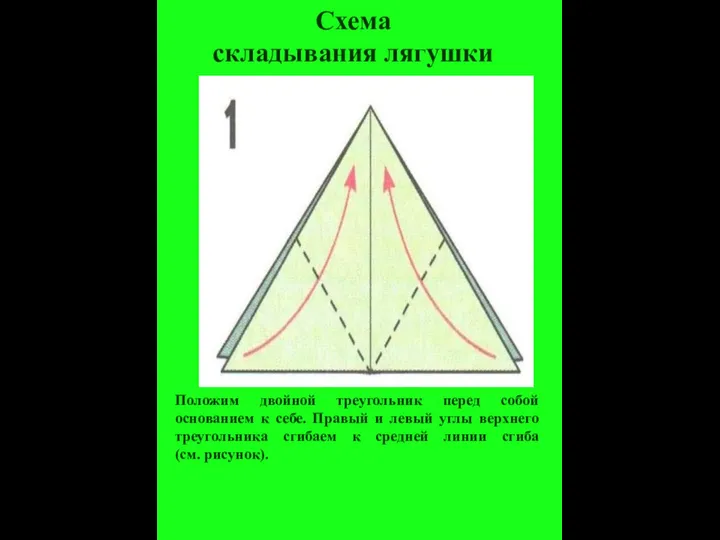 Схема складывания лягушки Положим двойной треугольник перед собой основанием к себе.